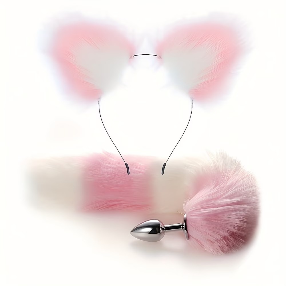 Pink & White Fluffy Bunny Tail Anal Plug with Matching Ears Headband