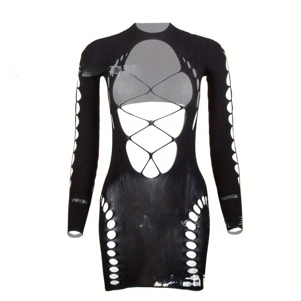 Sexy Black Hollow-Out Long Sleeve Mini Dress