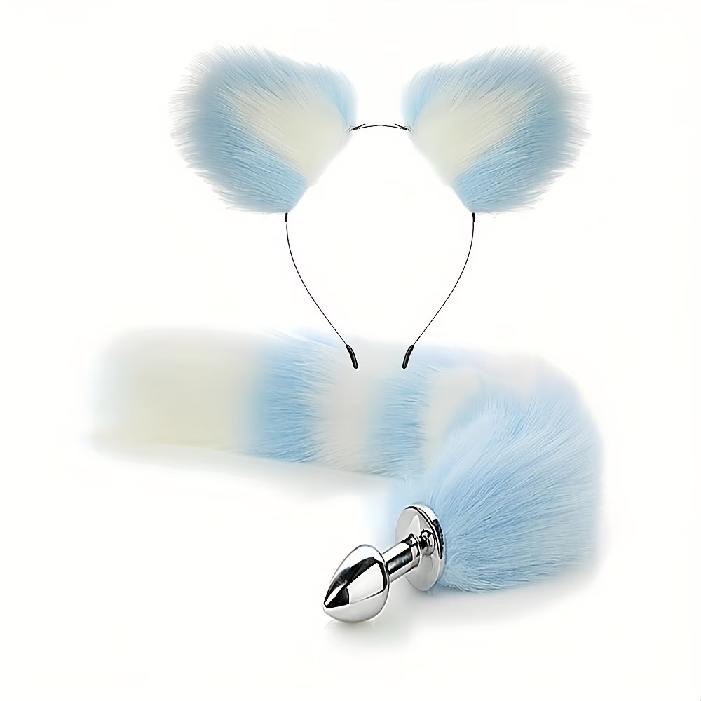Light Blue & White Fluffy Bunny Tail Anal Plug with Matching Ears Headband