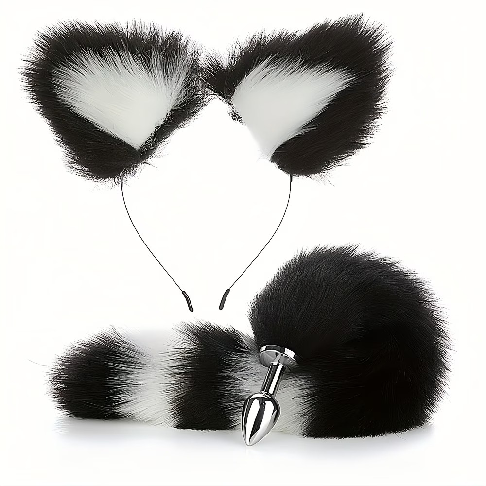 Black & White Fluffy Skunk Tail Anal Plug with Matching Ears Headband